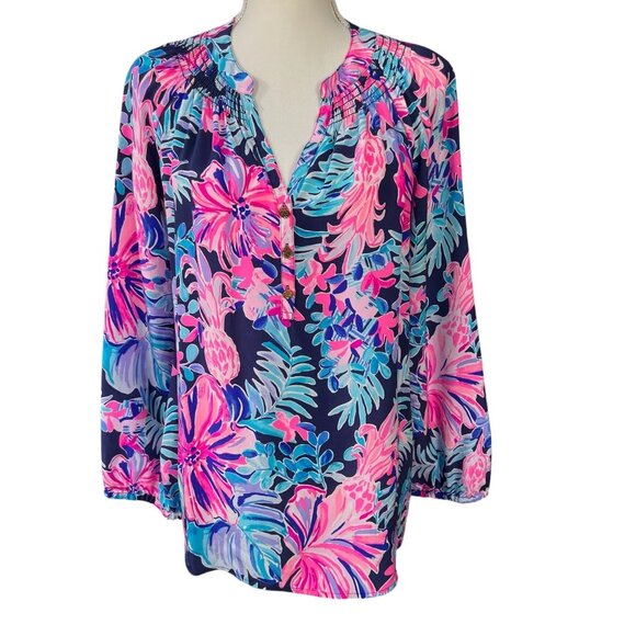 Lilly Pulitzer 100% Silk Elsa Blouse in Garden Get Away Size Medium - Picture 1 of 9